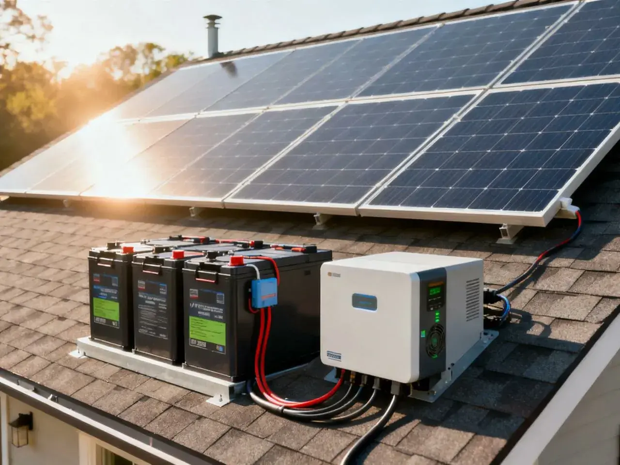 Panele słoneczne, akumulatory i falownik na dachu tworzą niezależną instalację off grid, zapewniając energię.