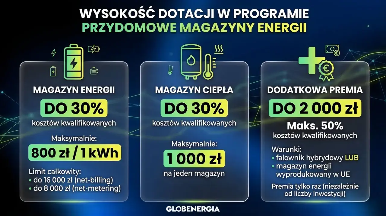 Dotacje na magazyn energii 20 kWh: do 30% kosztów, maks. 800 zł/kWh. Dodatkowa premia do 2000 zł.
