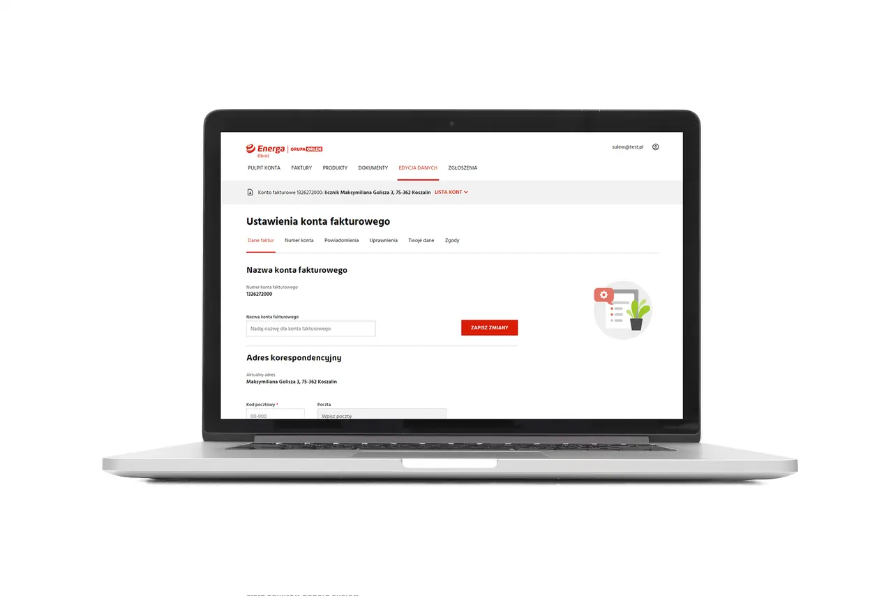 Ustawienia konta fakturowego w systemie energa login. Możliwość edycji nazwy konta i adresu korespondencyjnego.