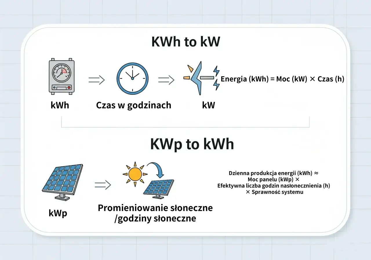 Schemat wyjaśnia przelicznik MW na KW, pokazując zależność energii (kWh) od mocy (kW) i czasu.