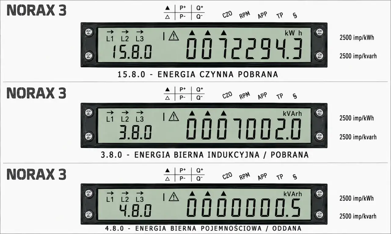 Trzy liczniki energii elektrycznej NORAX 3 z różnymi odczytami: 15.8.0 kWh, 3.8.0 kVArh, 4.8.0 kVArh. Kody apator norax 3.