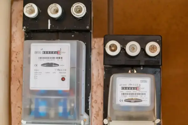 Dwa liczniki energii elektrycznej. Na lewym widoczny numer licznika Tauron: 0002947.